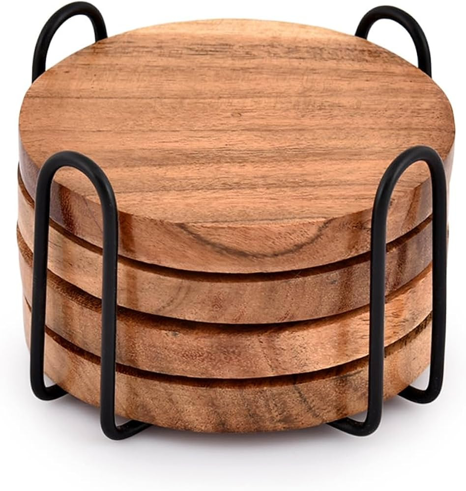 EDHAS Acacia Wood Coasters for Drinks with Iron Holder Stand for Coffee Table, Tabletop Protectio... | Amazon (US)