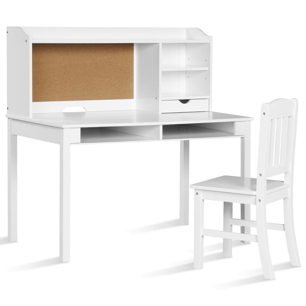 Costway 2-Piece White Rectangular Wood Top Kids Desk and Chair Set Bar Table Set Study Writing Desk  | The Home Depot