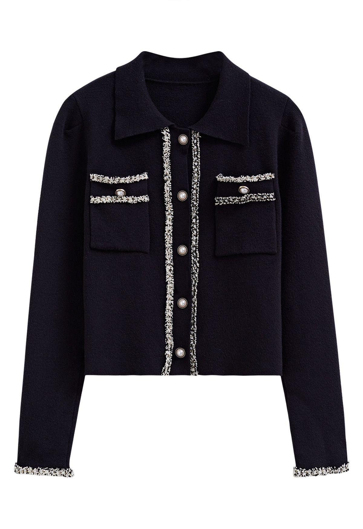Contrast Trim Button Down Knit Cardigan in Black | Chicwish