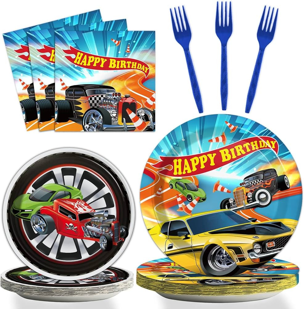 Tevxj 96 Pcs Racing Car Tableware Set Hot Car Birthday Dinnerware Disposable Plates Racing Car Pl... | Amazon (US)
