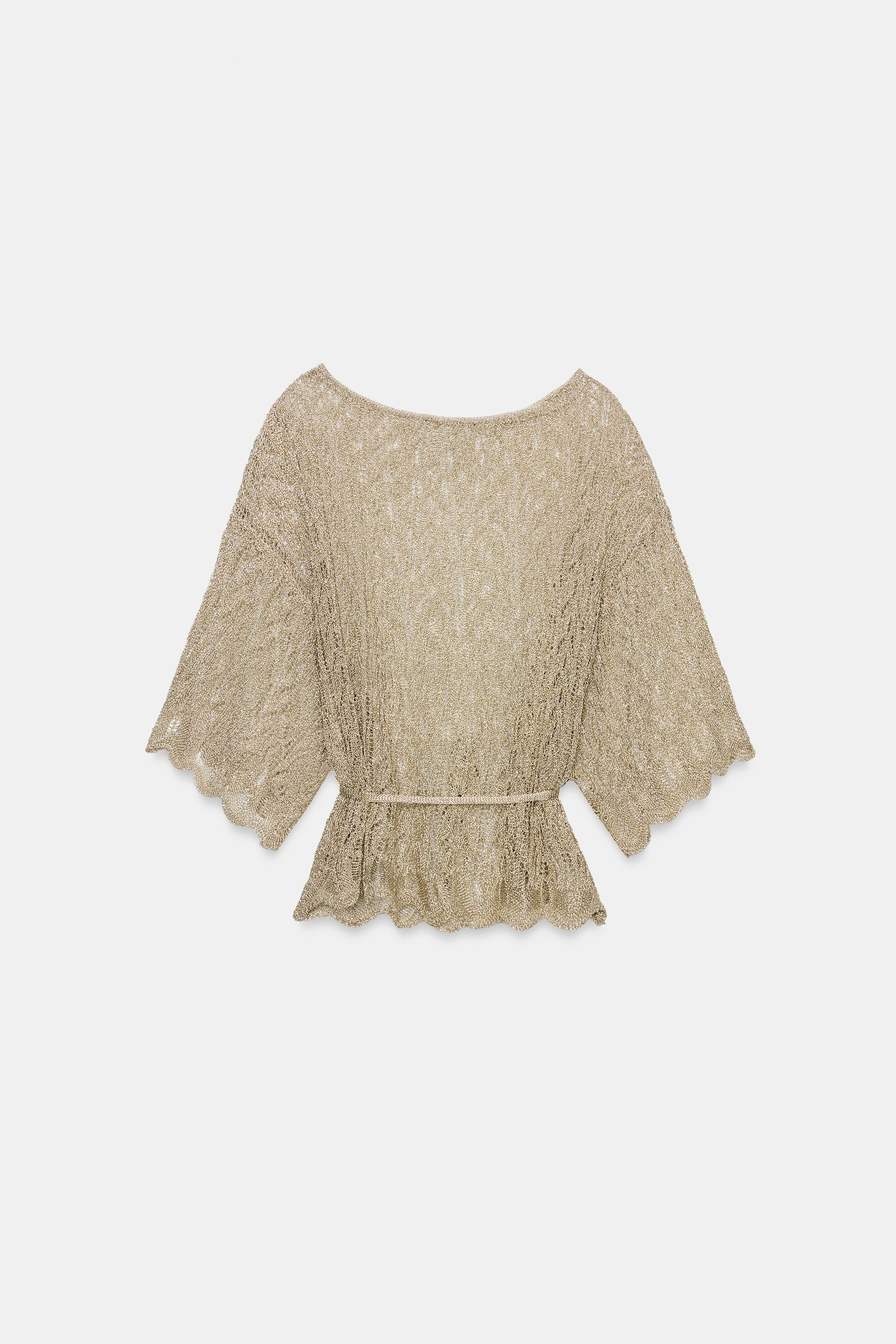 DescriptionContentsMeasurementsOpen-knit top with metallic thread. Boat neck and below-the-elbow ... | Zara US