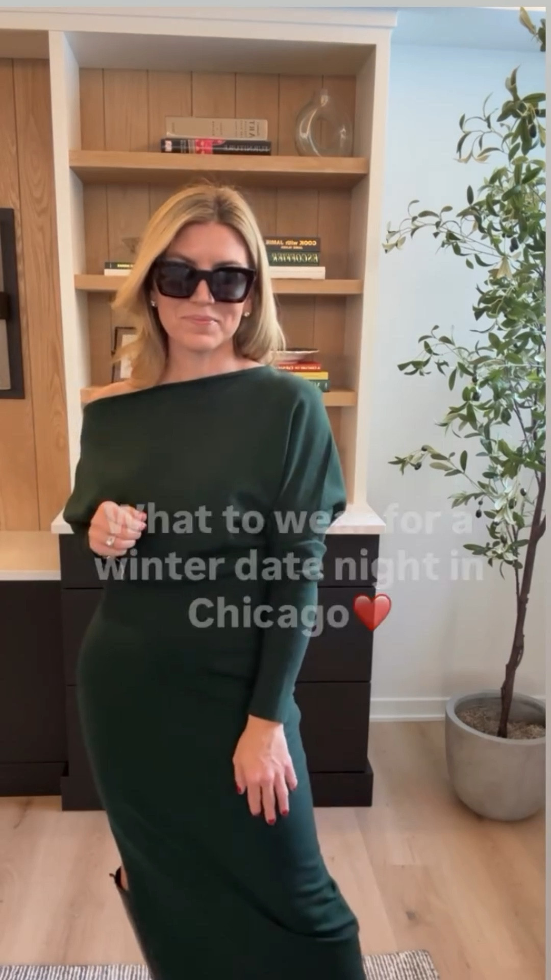 What to wear for a winter date night in Chicago ❄️
An off-the-shoulder midi sweater dress is always my go-to—effortless, chic, and perfect for dinner and drinks. Cozy enough for the cold, polished enough for a night out.