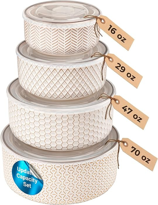 KooK Serving Bowls, with Lids, Ceramic Nesting Bowls, Set of 4, Embossed, Kitchen, Prep, Stackabl... | Amazon (US)