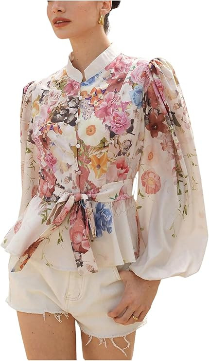 SweatyRocks Women's Lantern Sleeve Floral Print Long Sleeve Button Down Shirts Bow Tie Front Blou... | Amazon (US)