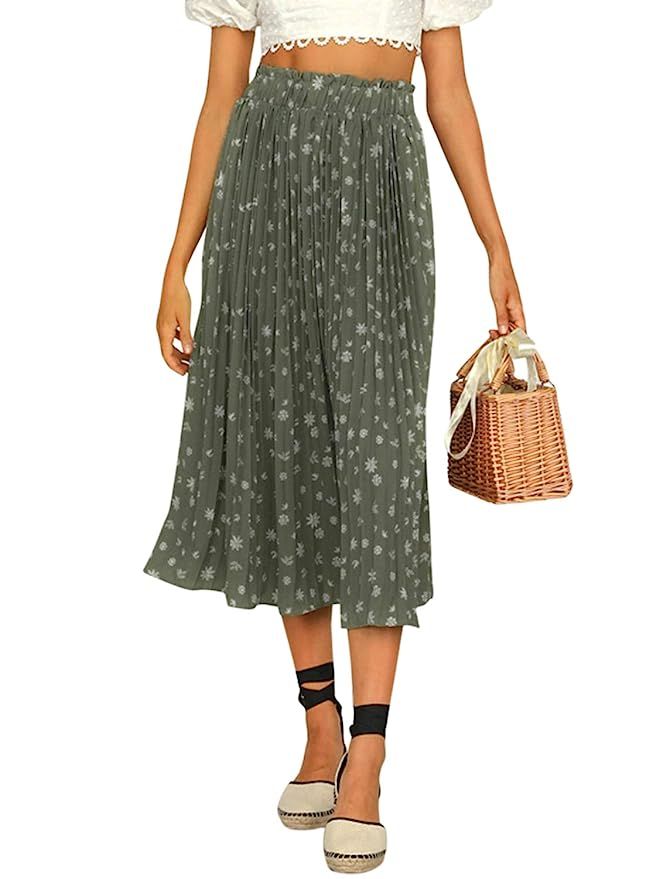 Miessial Women's Chiffon High Waist Pleated Midi Skirts Boho Floral Print Skirt | Amazon (US)