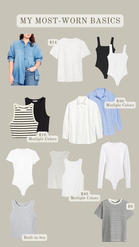 My most-worn basics — affordable t-shirts, tank tops, bodysuits and button downs 
