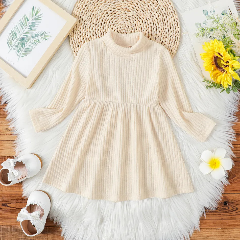 Baby Girl Solid Rib Knit Turtleneck Long-sleeve Dress | PatPat