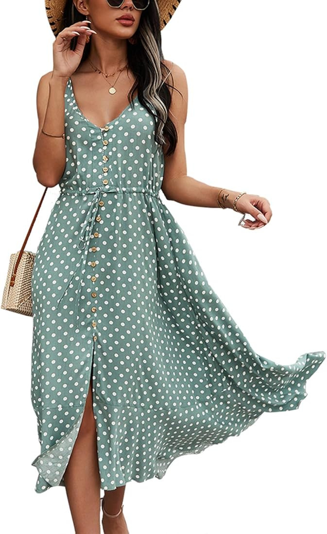 BROVAVE Women's 2023 Summer Casual Boho Sundress Polka Dot Spaghetti Strap V Neck Flowy Midi Dres... | Amazon (US)