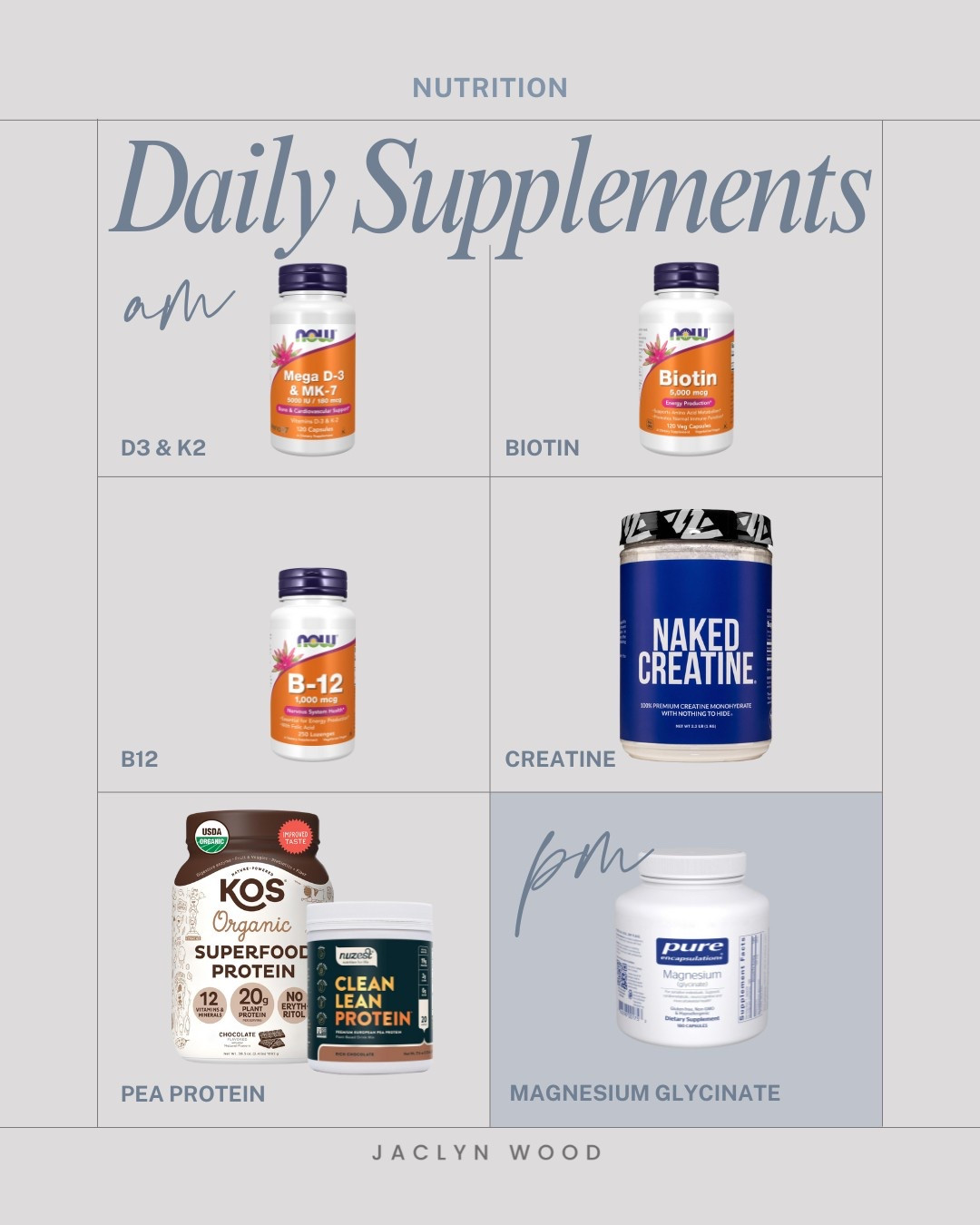 Supplements I take (almost) daily. I’m still experimenting with creatine, but I’ve now been taking B12, Biotin, D3+K2, and pea protein powder for years.

#LTKActive #LTKBeauty #LTKHome