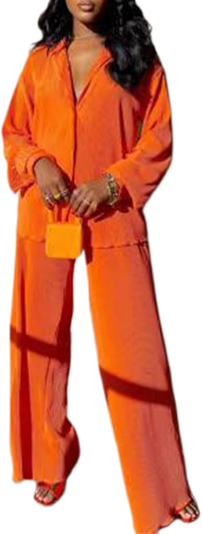 Womens Casual 2 Piece Outfits - Long Sleeve Button Blouse Top Wide Leg Loose Streetwear Loungewea... | Amazon (US)