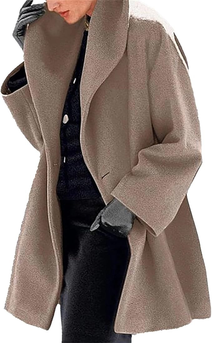 Womens Wool Blend Coat Stand Collar Single Breasted Pea Coats Thick Warm Open Front Mid Long Coat... | Amazon (US)