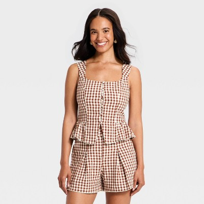 Women's Button-Front Tank Top - A New Day™ Brown Gingham M | Target
