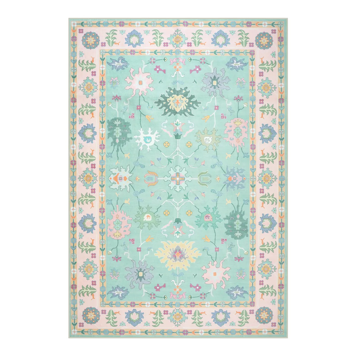 Washable Pink/Green Floral Rug | Cachet Boho Oushak Style - Lahome | Lahome