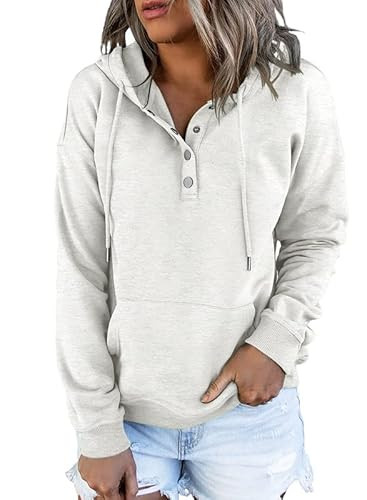 Dokotoo Sweatshirt for Women Oversized Long Sleeve Drawstring Button V Neck Casual Lightweight Soft Hoodie Pullover Cute Sweatshirts Hooded Tops 2025 Fall Fashion Outfits Winter Clothes Grey Medium | Amazon (US)
