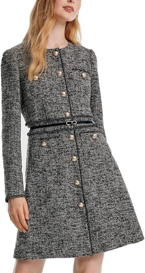 Formal Mini Dress Long Sleeve Crewneck Button Up Tweed Dress for Women with Metal Button | Amazon (US)