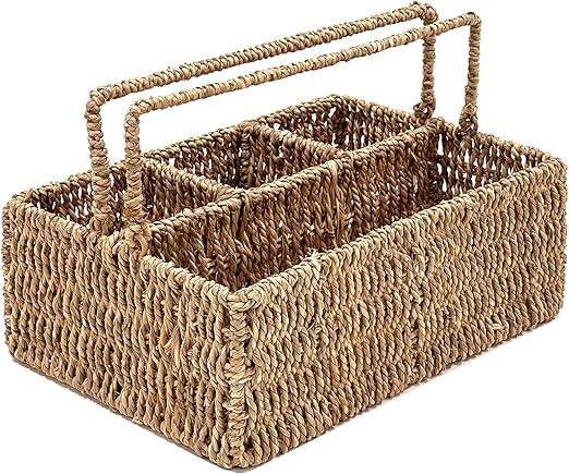 MadeTerra Large Wicker Utensil Caddy Carrier | Seagrass Woven Condiment Holder for Table - Kitche... | Amazon (US)