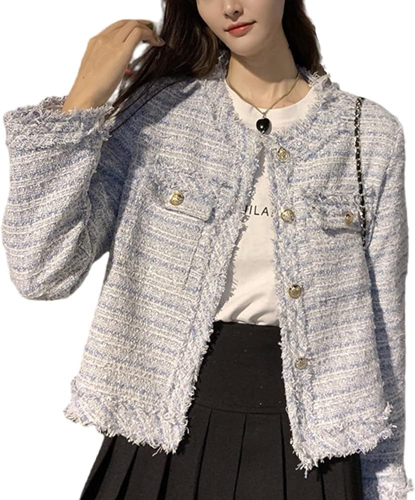 Women's Plaid White Tweed Blazer Open Front Collarless Blazer Elegant Work Cropped Jacket Coat | Amazon (US)