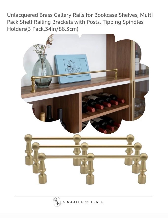 Unlacquered Brass Gallery Rails for Bookcase Shelves, Multi Pack Shelf Railing Brackets with Posts, Tipping Spindles Holders(3 Pack,34in/86.3cm)