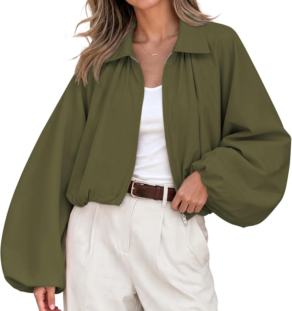 Womens Oversized Bomber Jackets Puff Sleeve Pleated Cropped Coats | Amazon (US)