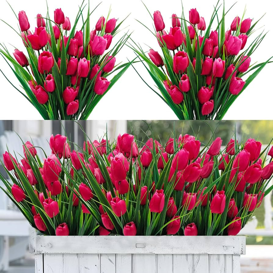 12 Bundles 60 Heads Artificial Tulips Fake Flowers Outdoor UV Resistant Silk Tulip Faux Plastic G... | Amazon (US)