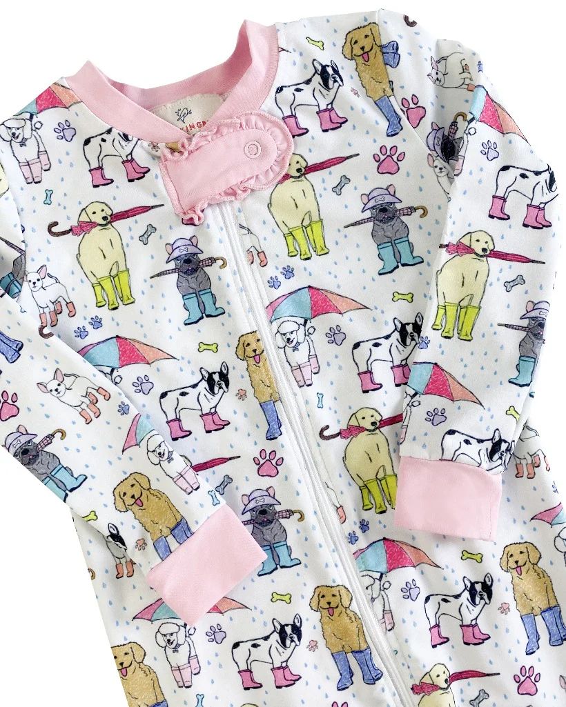 Pooches In Puddles Zip Up Pajamas with Pink Trim | Smockingbird Kids