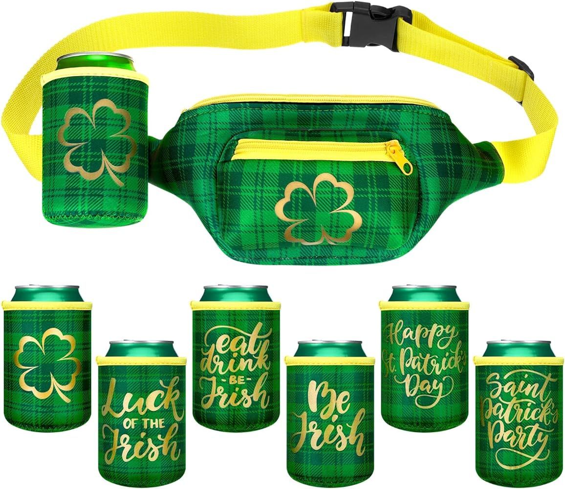 St. Patrick's Day Clover Fanny Pack with 6 Drink Holders Shamrock Green Running Belt Waist Pack w... | Amazon (US)