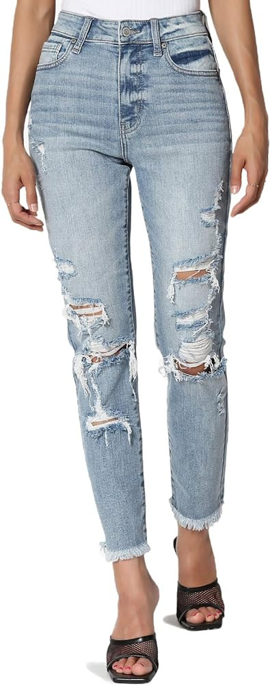 TheMogan Women's Distressed Destructed Washed Denim Mid~High Rise Relaxed Boyfriend Jeans | Amazon (US)
