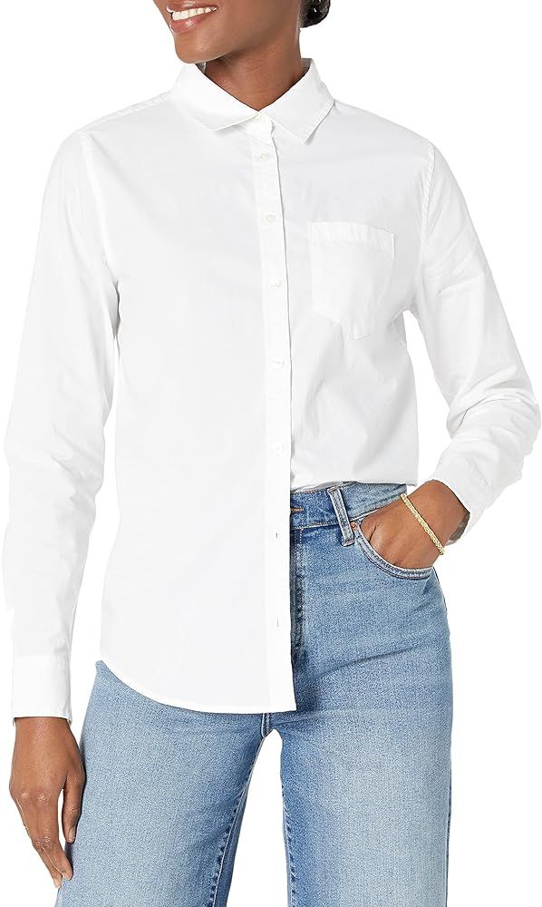 Amazon.com: Amazon Essentials Women's Classic-Fit Long-Sleeve Button-Down Poplin Shirt, White, Me... | Amazon (US)