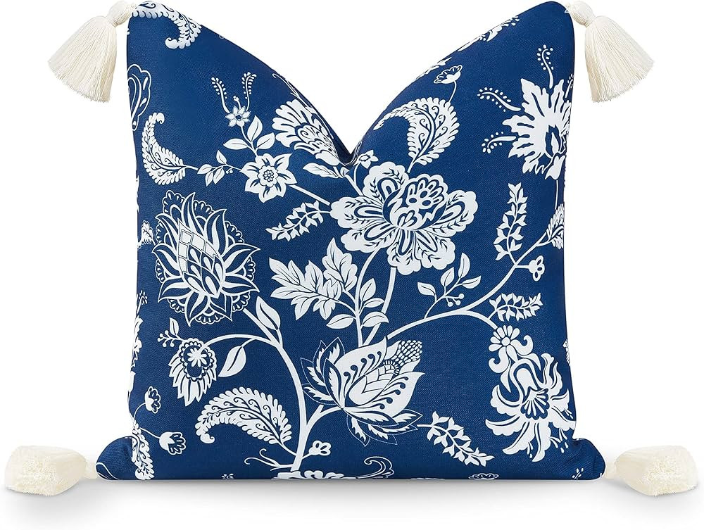Hofdeco Premium Coastal Hampton Style Patio Indoor Outdoor Throw Pillow Cover Only, 18"x18" Water Resistant for Backyard, Couch, Navy Blue Floral Tassel | Amazon (US)
