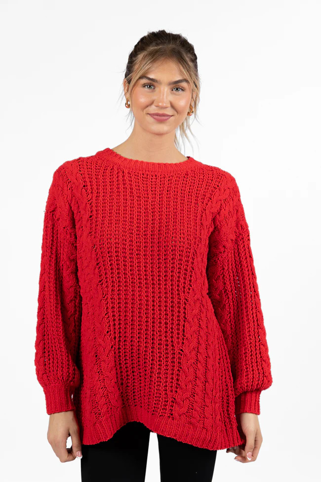 Wide Open Spaces Red Chenille Cable Knit Oversized Sweater DOORBUSTER | Pink Lily
