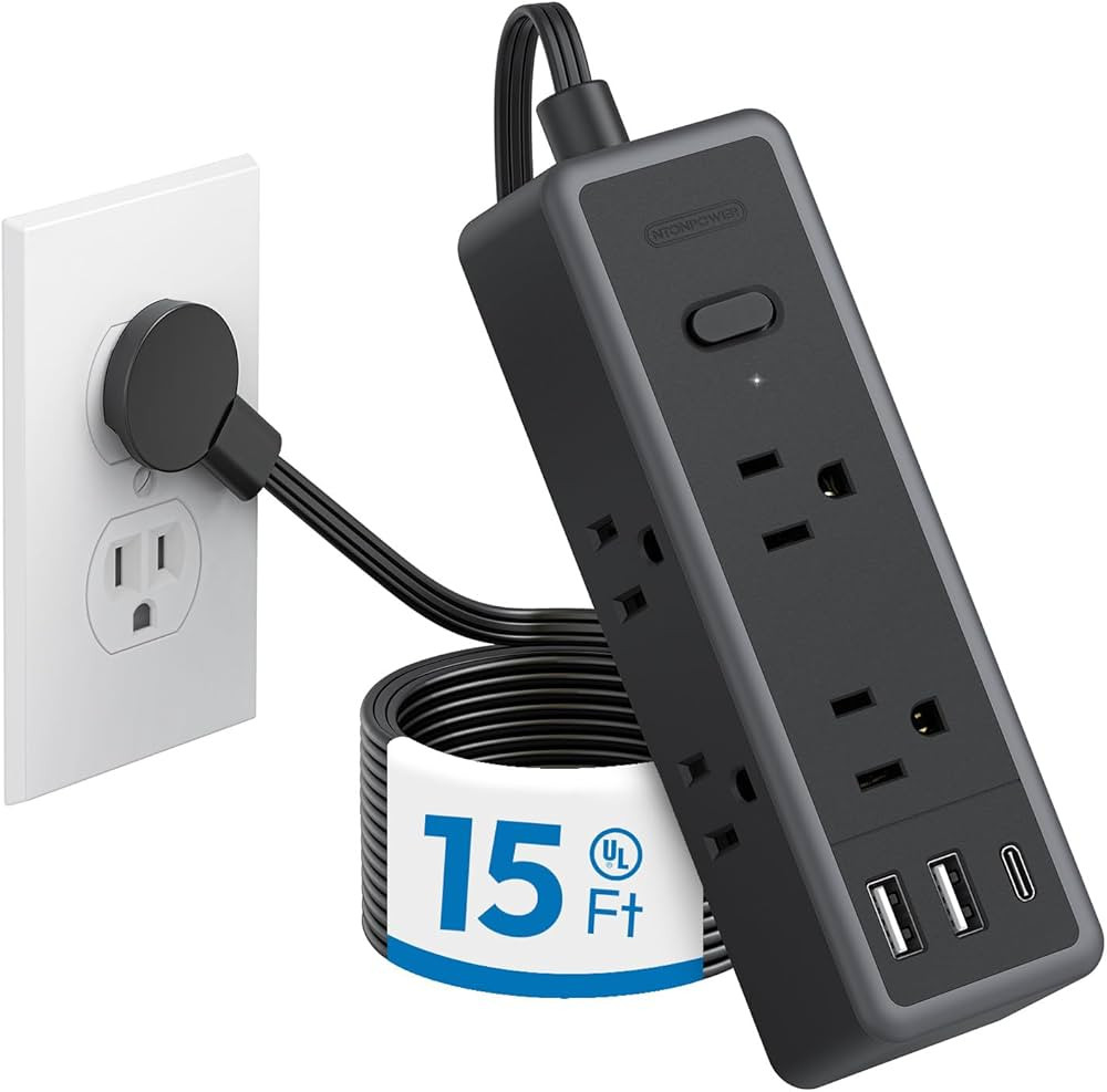 NTONPOWER 15 ft Extension Cord, 1080 Joules Surge Protector Power Strip with 6 Widely Outlets 3 U... | Amazon (US)