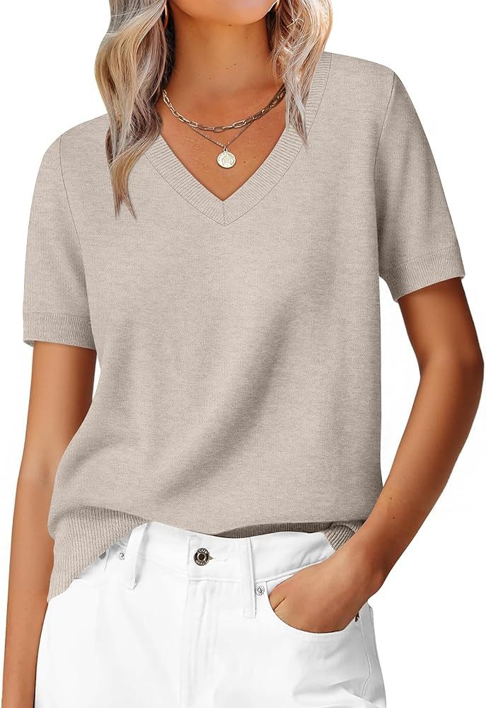 ANRABESS Womens 100% Wool Sweaters Short Sleeve V Neck Tops Business Casual Outfits 2026 Spring S... | Amazon (US)