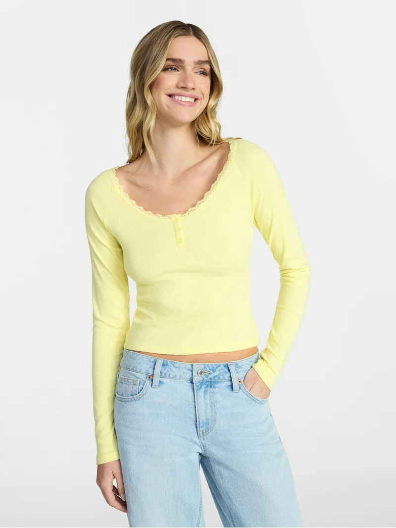 No Boundaries Long Sleeve Henley Top with Lace Trim, Women's XXS-XXL | Walmart (US)