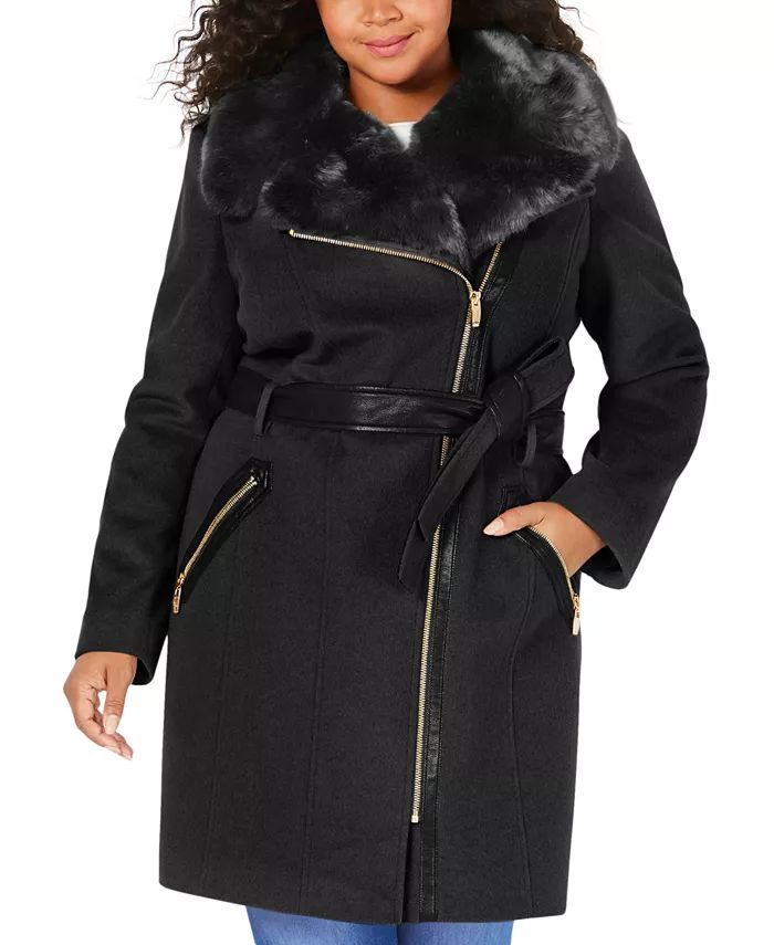 Via Spiga Plus Size Asymmetric Faux-Fur-Collar Wrap Coat, Created for Macy's & Reviews - Coats & ... | Macys (US)