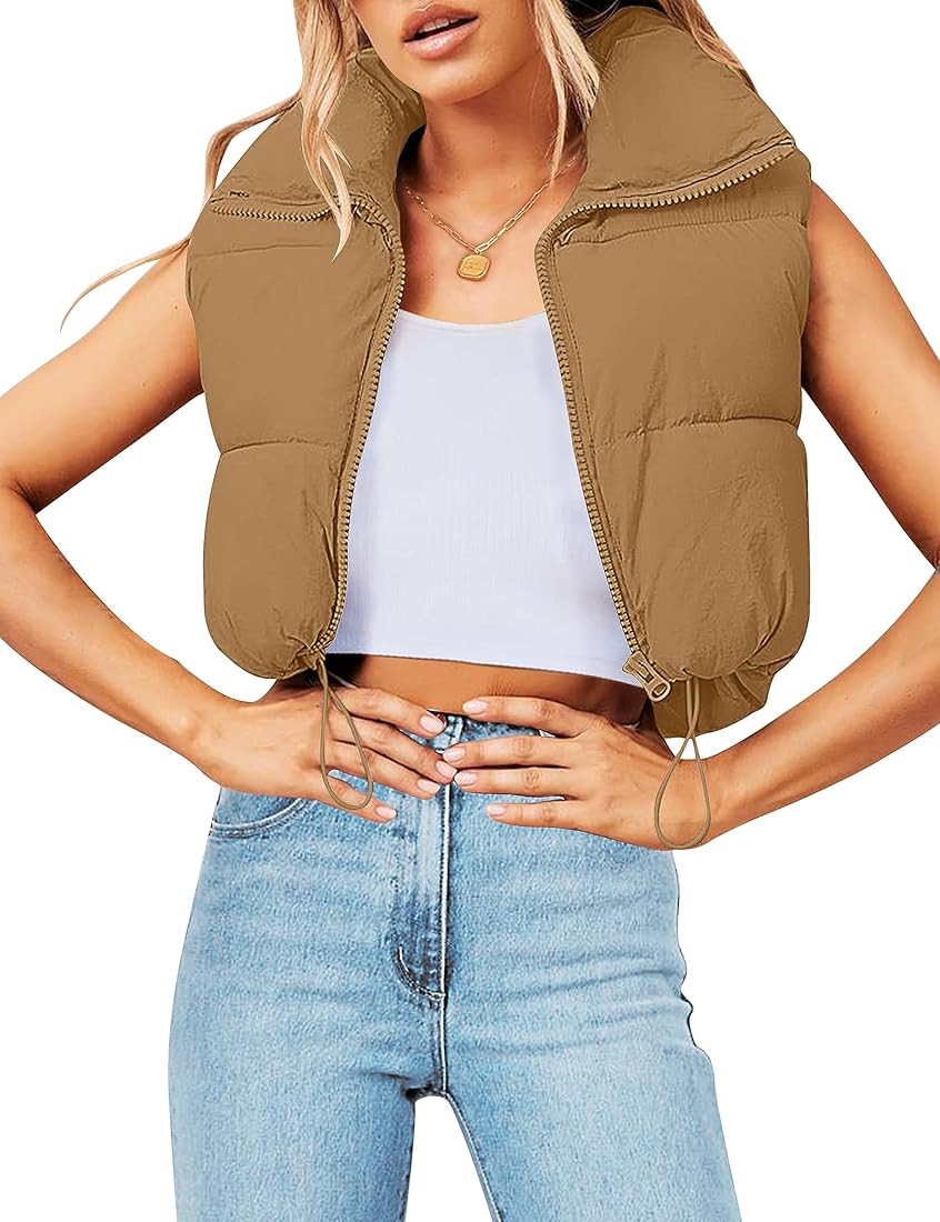 MEROKEETY Women's Crop Puffer Vest Lightweight Stand Collar Sleeveless Zip Up Padded Gilet Coat | Amazon (US)