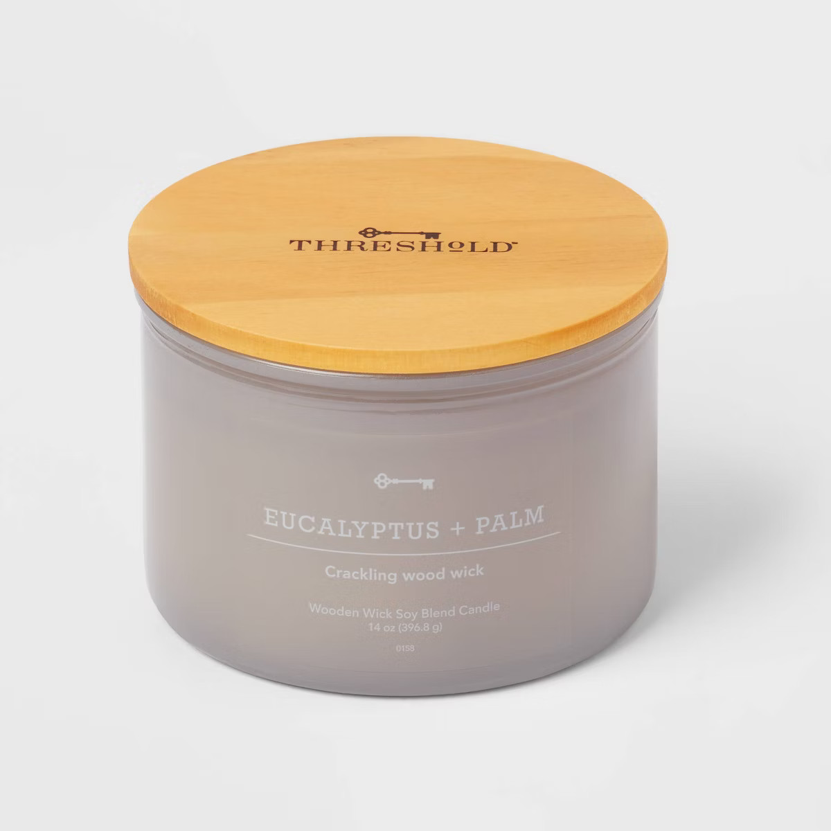 14oz Lidded Gray Glass Jar Crackling Wooden 3-Wick Candle with Clear Label Eucalyptus + Palm - Th... | Target