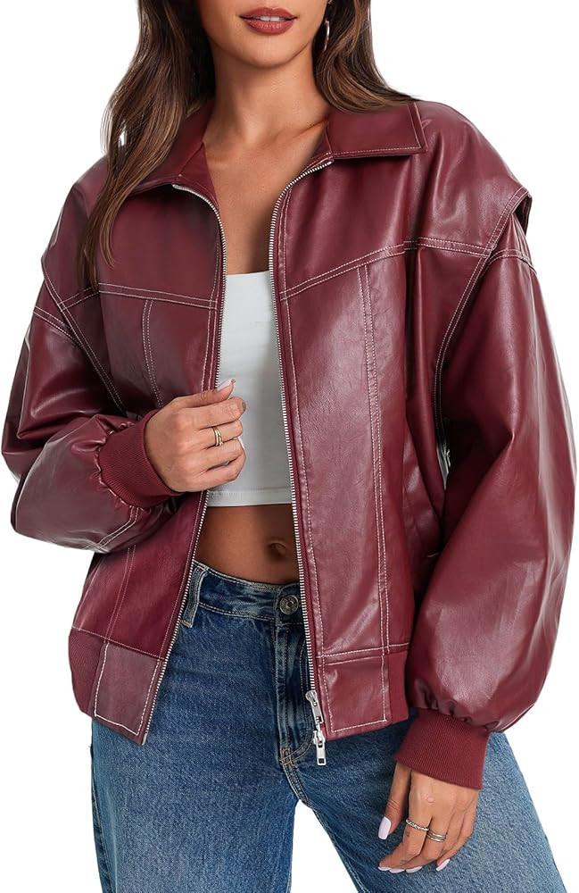 Tankaneo Womens Oversized Leather Bomber Jackets Cap Sleeve Zip Up Motorcycle Coats with Pockets | Amazon (US)