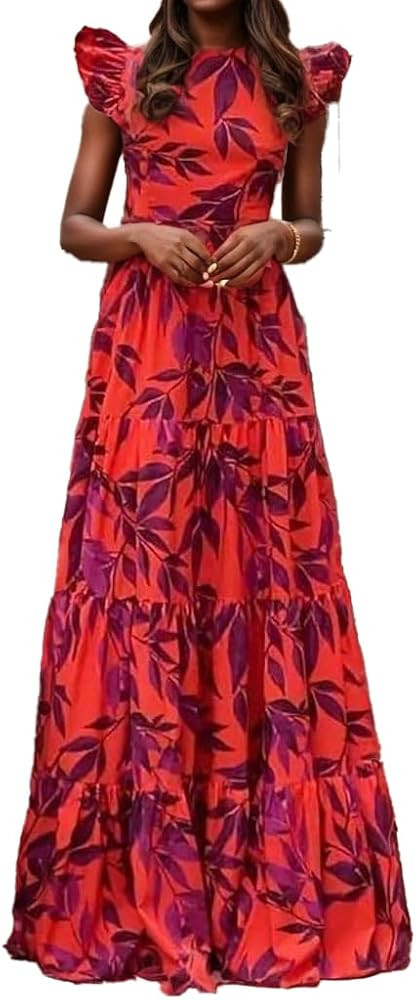 TIAFORD Women's Floral Print Maxi Dresses Ruffle Short Sleeve Casual Loose High Waist Party Dress... | Amazon (US)