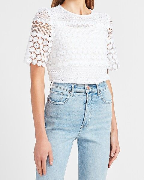 Lace Puff Sleeve Crew Neck Top | Express