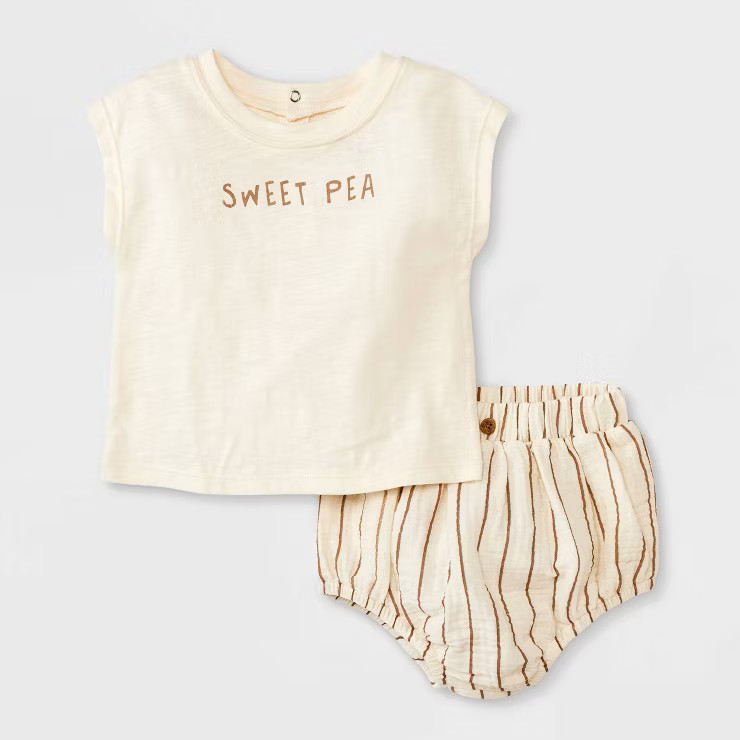 Grayson Collective Baby Girls' Short Sleeve Slub Jersey & Gauze Bloomer Set - Cream | Target