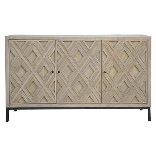 Ellice Rustic Lodge Grey Reclaimed Mango Wood Black Iron Base 3 Door Sideboard | Kathy Kuo Home