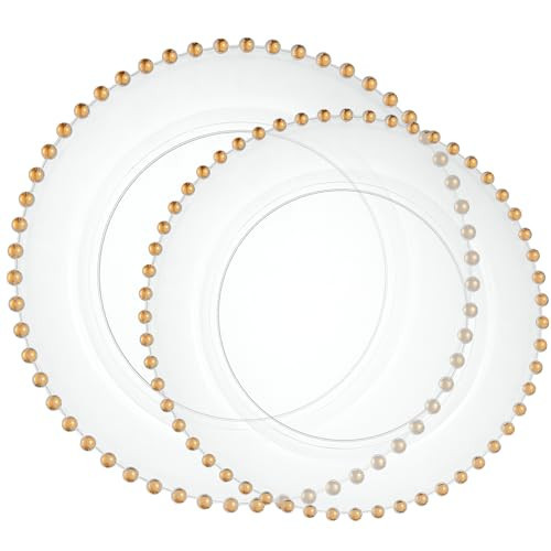 PLASTICPRO 32 Piece Combo Plastic Dinner Plates Disposable Plastic Fancy Heavy Duty Party Dishes 7 inch and 10 inch, Clear and Gold Beaded | Amazon (US)