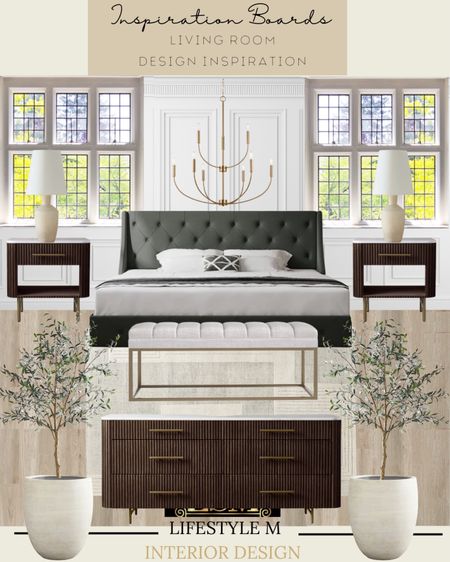 Bed Room Design Inspiration. Recreate the look with these home furniture and decor pieces. Brown dresser, brown nightstand, black upholstered bed, white tree planter pot, faux fake tree, wood floor tile, beige creme rug, metal upholstered bench, brass gold bed room chandelier, table lamp.

#LTKstyletip #LTKhome #LTKFind