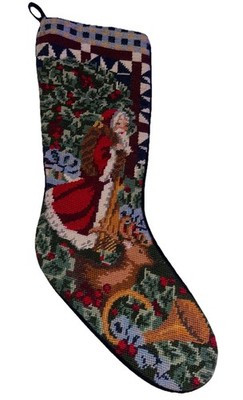 Vintage Needlepoint Christmas Stocking Santa Deer Horn Scene Velvet Back | eBay US
