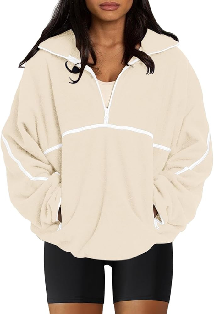 LASLULU Womens Half Zip Pullover Sweatshirt Sherpa Fleece Jacket Oversized Sweatshirt Warm Fuzzy ... | Amazon (US)
