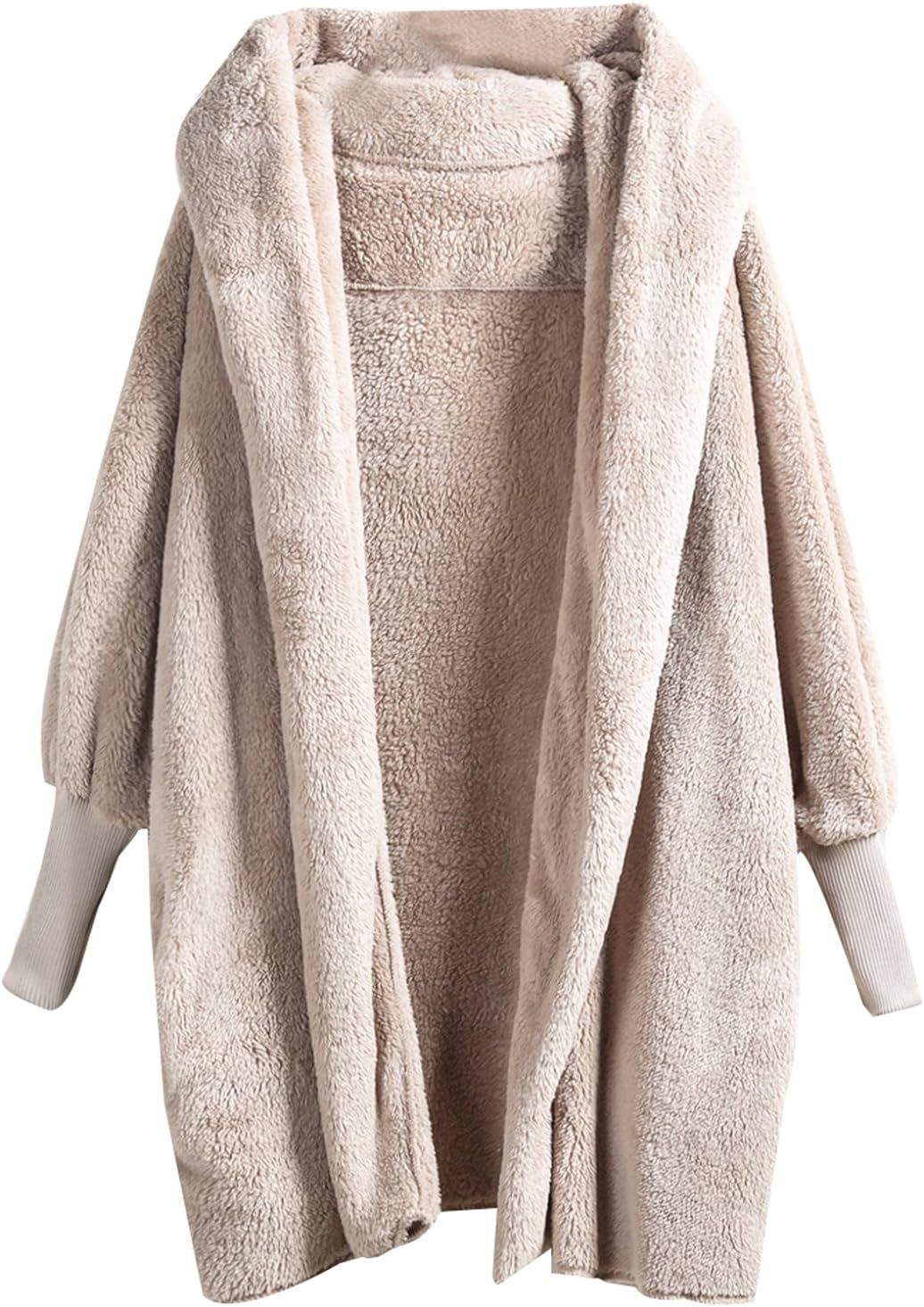 SweatyRocks Women Khaki Hooded Dolman Sleeve Faux Fur Cardigan Coat for Winter | Amazon (US)