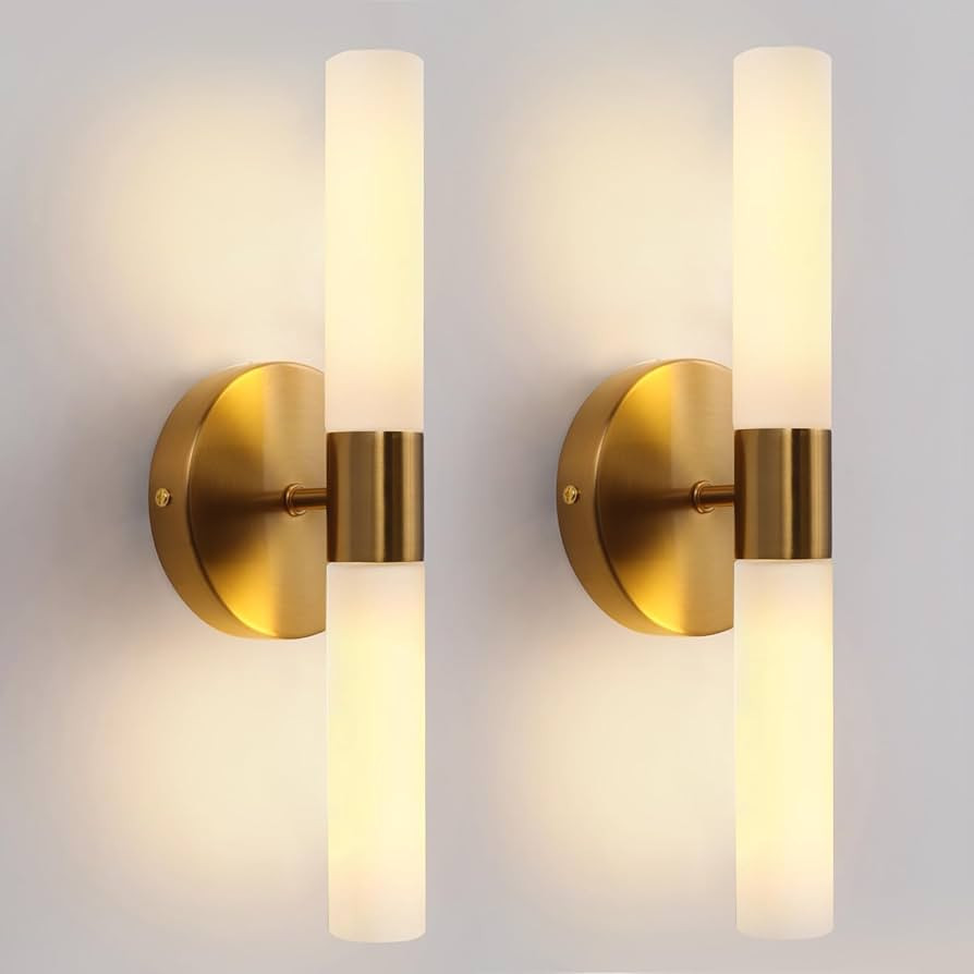 Wall Sconces Set of Two, Brass Gold Bathroom Sconces Wall Lighting with White Glass, Modern Sconc... | Amazon (US)