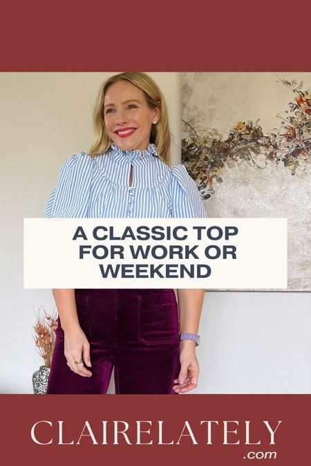FOUND IT!!! 
A goes with everything, work or weekend,  classic style blue and white stripe blouse with adorable details, a new favorite for spring and summer outfits. True to Size. 
❤️ Claire Lately 

#LTKstyletip #LTKworkwear #LTKover40
