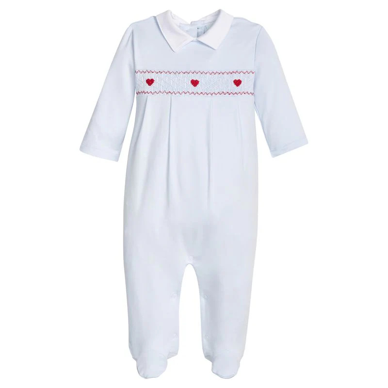 Little English Smocked Footie- Blue Hearts | JoJo Mommy