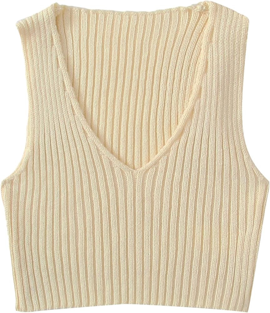 SweatyRocks Women's Ribbed Knit Crop Sleeveless V-Neck Sweater Vest Crop Tank Top | Amazon (US)